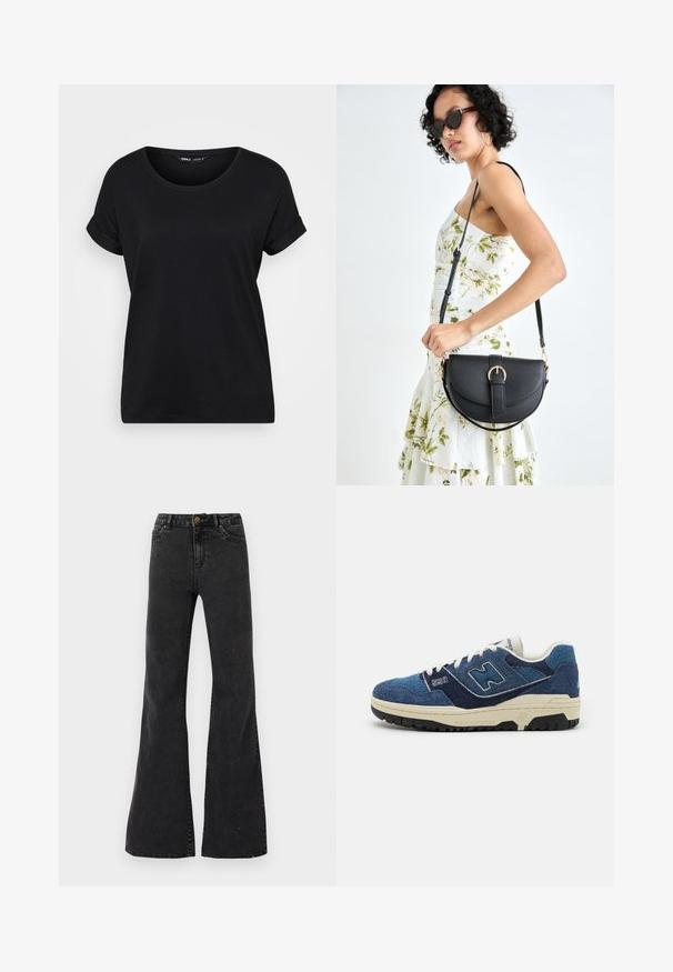 Mustapaitainen lyhythihainen t-paita, joka on valmistettu pehmeästä puuvillasta. Siinä on pyöreä kaula-aukko ja käännetyt hihat, ja se on rento malli. Yksinkertainen ja monikäyttöinen muotoilu.; Musta leveälahkeinen farkut, valmistettu denimmateriaalista, joissa on korkea vyötärö, etutaskut ja näkyvät saumat. Sileä pinta, jossa on kevyt kiilto.; Sininen mokkakengät, joissa on kontrastoiva tummansininen paneeli, valkoiset nauhat ja teksturoitu musta kumipohja. Mallinumero "550" näkyvissä sivussa.; Musta nahkainen käsilaukku, joka on kaareva muotoilultaan, irrotettavalla hihnalla ja kultaisilla yksityiskohdilla. Laukussa on läppä, jossa on solk yksityiskohta.