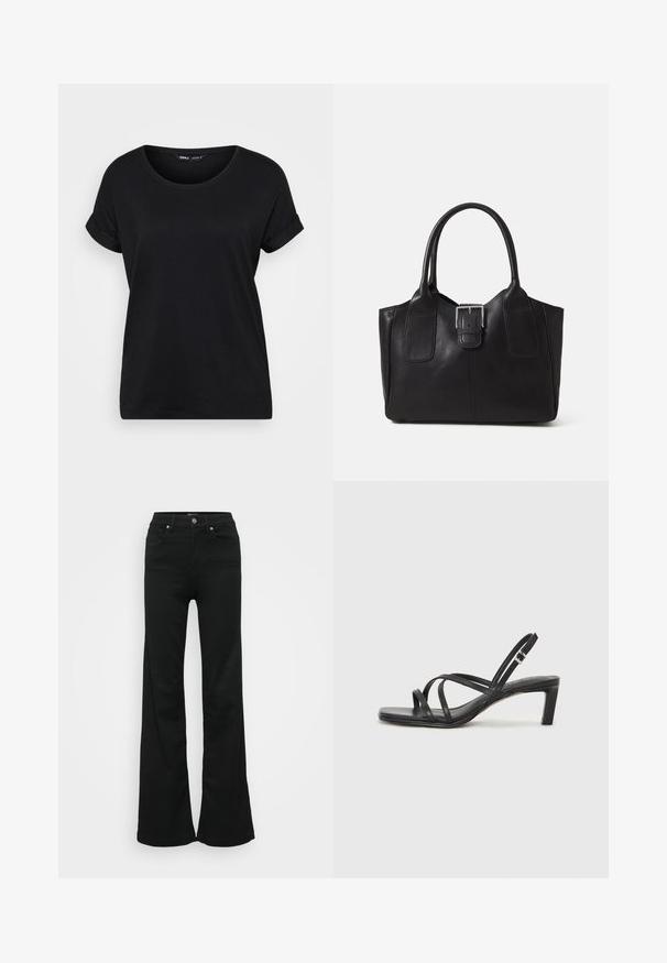 Black short-sleeve t-shirt made of soft cotton. Features a round neckline and rolled sleeves, with a relaxed fit. Simple and versatile design.; Black flared jeans made from denim, featuring a high waist, five pockets, and metal button closure. Smooth texture with minimal detailing.; Black strappy sandal with a square toe and a low block heel. Features multiple thin straps and an adjustable ankle strap. Made of smooth leather.; Black leather tote bag with smooth texture, structured shape, two handles, and a prominent silver buckle detail on the front.