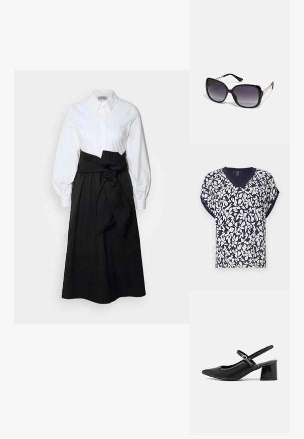 Top bleu marin cu decolteu în V, având un model floral alb, mâneci scurte și o croială lejeră. Tesătură dintr-un amestec de bumbac cu o ușoară textură.; Cămașă albă cu nasturi, cu mâneci lungi și voluminoase, asociată cu o fustă neagră și o curea din țesătură legată la talie, realizată dintr-un material de bumbac neted.; Cizme cu toc slingback din piele sintetică lacuită neagră, cu vârful ascuțit, un design cu decupaj rotunjit și toc bloc. Include un accent cu cataramă de culoare aurie.; Ochelari de soare negri, supradimensionați, cu lentile degradate, rame groase și detalii cu lanț de ton auriu pe brațele templului.; Pungă tote neagră, fabricată din material sintetic, având un design simplu rectangular, accente aurii pătrate și mânere duble.