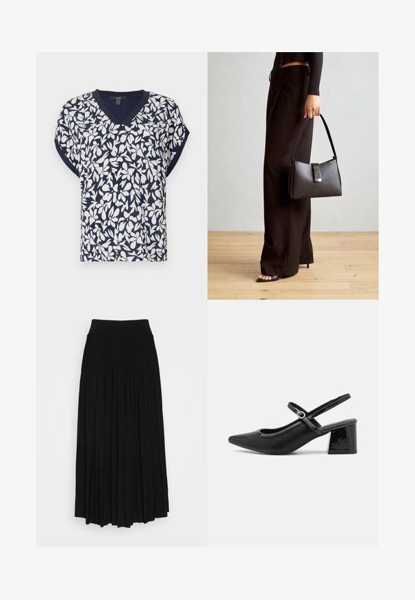Top blu navy con scollo a V caratterizzato da un motivo floreale bianco, maniche corte e vestibilità comoda. Tessuto in misto cotone con leggera texture.; Gonna nera plissettata con vita alta e elastica. Realizzata in tessuto morbido, presenta plissettature verticali per una silhouette fluida.; Décolleté in vernice nera con cinturino dietro, punta affusolata, design con ritagli arrotondati e tacco a blocco. Presenta un accento di fibbia tono oro.; Borsa nera con forma strutturata, texture liscia e una chiusura metallica. Abbinata a pantaloni neri larghi e sandali open-toe su un pavimento in legno.