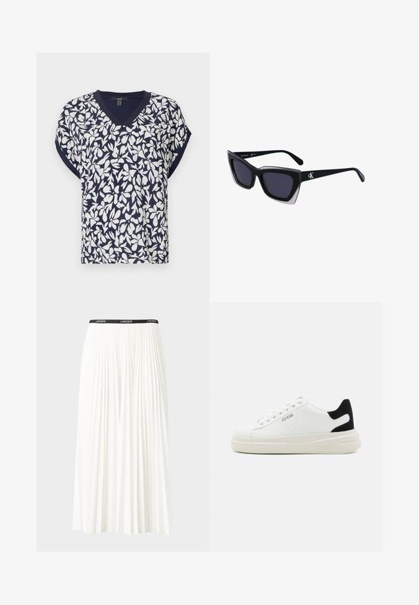 Tumesinise V-kaelusega blouse, millel on valge lilleline muster, lühikesed varrukad ja mugav lõige. Puuvilla segu kangas, millel on kerge tekstuur.; Kurtitudega valge seelik musta elastse vööga, millel on "LACOSTE" logo. Keskmise pikkusega disain pehme tekstuuriga.; Valged nahast tennisetossud paksu valge tallaga, musta sametist kontsakeeuga ja külje peal riigilogo reljeefne kujundus. Lukkeskeem kuue silmaauguga.; Mustad suured mustad prillid geomeetrilise kujuga, tumedate läätsedega ja kontrastse halli detailiga raamidel. Logo käe peal.