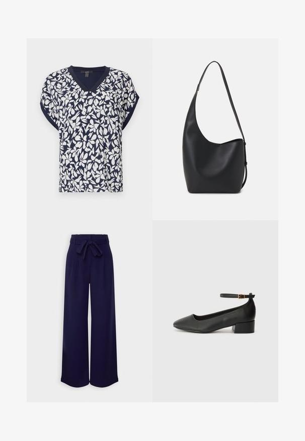 Top bleu marin cu decolteu în V, având un model floral alb, mâneci scurte și o croială lejeră. Tesătură dintr-un amestec de bumbac cu o ușoară textură.; Anna Field Pantaloni - dark blue; Pantof cu toc negru din piele, cu vârf ascuțit și toc mic pătrat. Dispune de o curea la gleznă cu o cataramă în tonuri de aur. Textură netedă.; Geantă hobo din piele neagră, cu o textură netedă, formă curbată și un singur bretele ajustabil; are o deschidere largă în partea de sus.