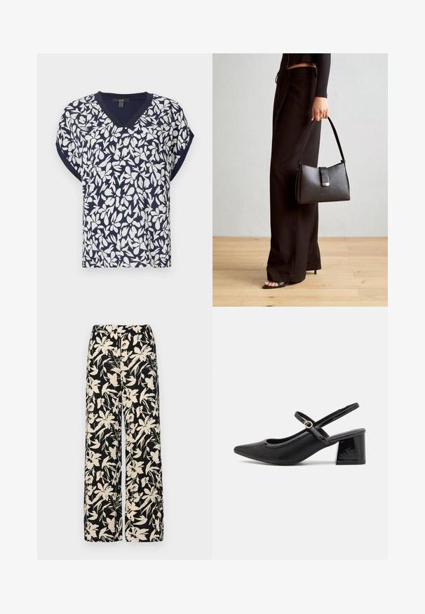 Top blu navy con scollo a V caratterizzato da un motivo floreale bianco, maniche corte e vestibilità comoda. Tessuto in misto cotone con leggera texture.; Pantaloni larghi neri con un motivo floreale crema. Realizzati in tessuto leggero, con una texture liscia e una vita alta.; Décolleté in vernice nera con cinturino dietro, punta affusolata, design con ritagli arrotondati e tacco a blocco. Presenta un accento di fibbia tono oro.; Borsa nera con forma strutturata, texture liscia e una chiusura metallica. Abbinata a pantaloni neri larghi e sandali open-toe su un pavimento in legno.
