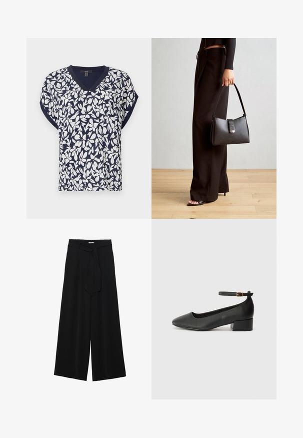Mørkeblå V-hals topp med hvitt blomstermønster, korte ermer og avslappet passform. Stoff i bomullsblanding med lett tekstur.; Svart vide bukser med teksturert stoff, elastisk midje og avtagbart belte som gir justerbar passform.; Sorte skinnpumper med spiss tå og lav blokkhelt. Har ankelrem med gullfarget spenne. Glatt tekstur.; Svart håndveske med strukturert form, jevn tekstur og metallisk lås. Kombinert med brede svarte bukser og sandaler med åpen tå på tregulv.