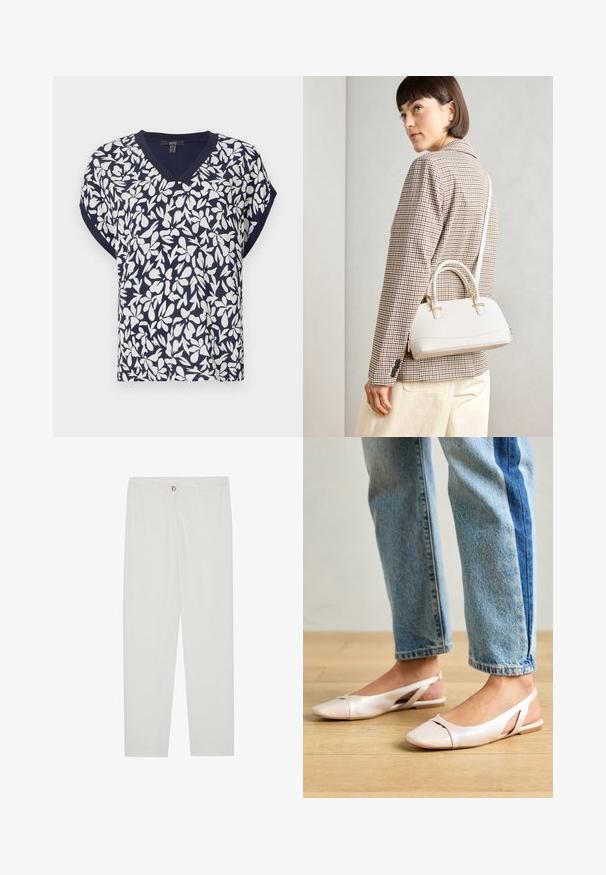 Navy blue V-neck top featuring a white floral pattern, short sleeves, and a relaxed fit. Cotton blend fabric with slight texture.; White, tailored trousers with a straight leg design, featuring a button closure, belt loops, and side pockets; smooth fabric texture.; Pale pink slingback flats with a pointed toe, made from a smooth leather-like material. Features cut-out details at the sides and a flat heel.; White structured handbag with short handles and a shoulder strap, featuring gold hardware accents and textured material, displayed against a grey background.