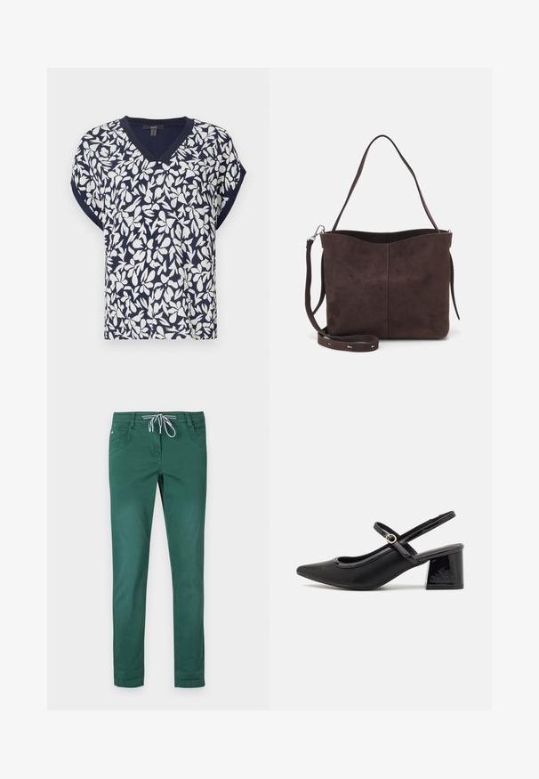 Marineblauwe V-hals top met een wit bloemenpatroon, korte mouwen en een losse pasvorm. Katoenmengsel met een lichte textuur.; Groene katoenen blend broek met een rechte pijp, een trekkoord in de taille en twee voorkeizel pockets. Glad textuur en geen patronen.; Zwarte gepolijste leren slingback hakken met een spitse neus, een ronde uitsnede en een blokhak. Voorzien van een gouden gespaccent.; Bruine suède schoudertas met een zachte textuur, voorzien van een enkele schouderband en een subtiele, gebogen bovenopening. Geen zichtbare hardwaredetails.