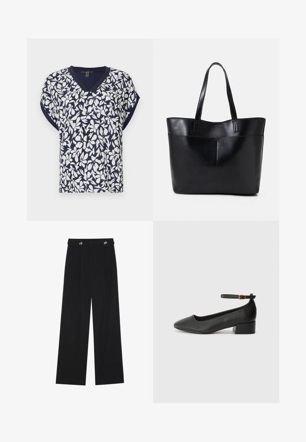 Top bleu marin cu decolteu în V, având un model floral alb, mâneci scurte și o croială lejeră. Tesătură dintr-un amestec de bumbac cu o ușoară textură.; Pantaloni negri cu picioare largi, talie înaltă, detalii cu butoane pe talie și pliseuri în față.; Pantof cu toc negru din piele, cu vârf ascuțit și toc mic pătrat. Dispune de o curea la gleznă cu o cataramă în tonuri de aur. Textură netedă.; Geantă oversized din piele neagră, cu două mânere lungi, de textură netedă și formă structurată. Are un buzunar frontal pentru stocare suplimentară.