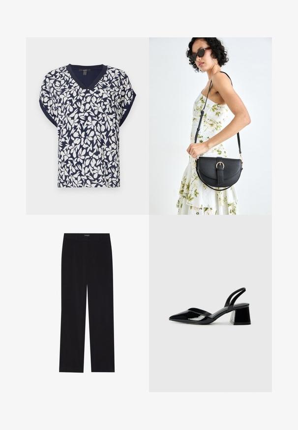 Top bleu marin cu decolteu în V, având un model floral alb, mâneci scurte și o croială lejeră. Tesătură dintr-un amestec de bumbac cu o ușoară textură.; Pantaloni din cord din culoare neagră, cu croială dreaptă, având un brâu plat și fără buzunare vizibile, textură netedă și detalii cu fante verticale.; Pantofi cu toc slingback din piele lacuită neagră, cu vârf ascuțit și toc geometric. Prezintă un design elegant, minimalist și o textură netedă.; Geantă din piele neagră, cu o formă curbată, curea detașabilă și accesorii aurii. Geanta are un capac cu un detaliu tip cataramă.