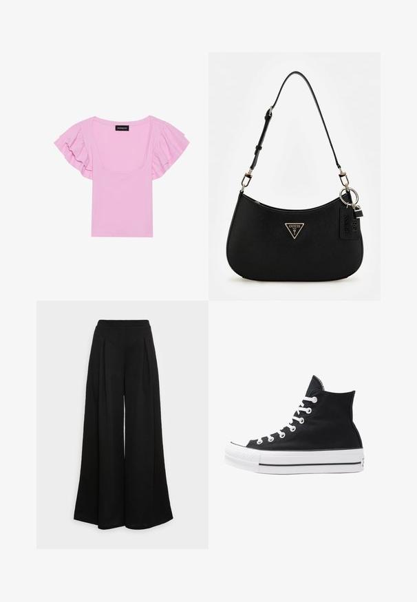 Roosa, ribaga lühikeste varrukatega topp, millel on volangvarrukad ja lai ruudukujuline kaelus. Silt on keskel nähtav.; Must have lühike must topp, millel on pikad puhv-sleeved varrukad, keeratud esikujundus ja avatud selg. Sisaldab sidet taljes ja sujuvat, venivat kangast.; Laiad mustad püksid pehmest kangast, millel on ees voldid ja kõrge vöökoht, tagades voogava silueti.; Kõrge must kangast spordijalats valgete silmade, paelte ja kummitaldiga. Omab tekstuuriga varbakatet ja musta-valge triibuga aktsente.; Must zwart sünteetilisest materjalist õlakotil on kaarjas siluett, struktureeritud viimistlus, kultne kolmnurga logo ja eemaldatavad metallaktsendid.