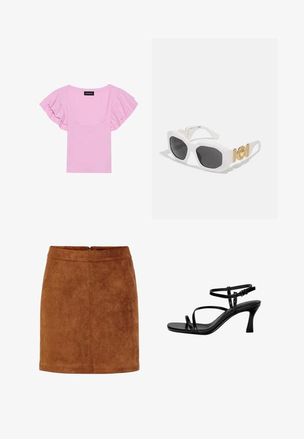 Vaaleanpunainen, poimuinen lyhythihainen paita, jossa on röyhelöhihat ja leveä neliökaula-aukko. Tägi näkyvissä keskellä.; Ruskea mokkanahkainen minihame, jossa on sileä pinta, suora leikkaus ja huomaamaton takavetoketju. Rakenteen vuoksi siinä on saumarakenne.; Mustakasta nahkaa olevat avokkaat, joissa on ohuet remmit, neliömäinen kärki ja korkea korko. Säädettävä nilkkaremmi mukauttaa istuvuutta. Sileä pinta.; Valkoiset oktaaliset aurinkolasit tummilla linsseillä. Varustettu kullansävyisillä metalliosilla ja teksturoidulla muotoilulla varsissa.; Musta synteettinen olkalaukku, jossa on kaareva siluetti, teksturoitu pinta, kultainen kolmion logo ja irrotettavat varusteet.