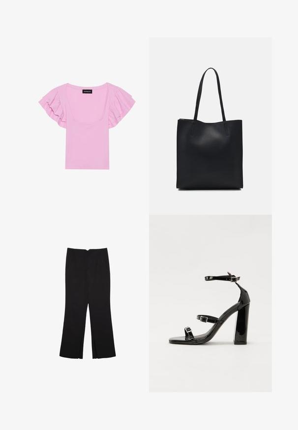 Ružové, rebrované tričko s krátkym rukávom a volánovými rukávmi, s širokým štvorcovým výstrihom. Nápis viditeľný v strede.; Čierne nohavice so strihom rovného strihu, s prednými vreckami a bočnými rozparkami na leme. Vyrobené z mäkkej, hladkej tkaniny. Vhodné na rôzne príležitosti.; Čierne lakované sandále na podpätku so štvorcovou špičkou, navlečenými remienkami okolo členku a striebornými prackami. Disponujú masívnym blokovým podpätkom pre stabilitu.; Čierna kožená taška na rameno s hladkým povrchom, obdĺžnikovým tvarom a dvoma dlhými uchami. Bez viditeľného kovania alebo ozdôb.