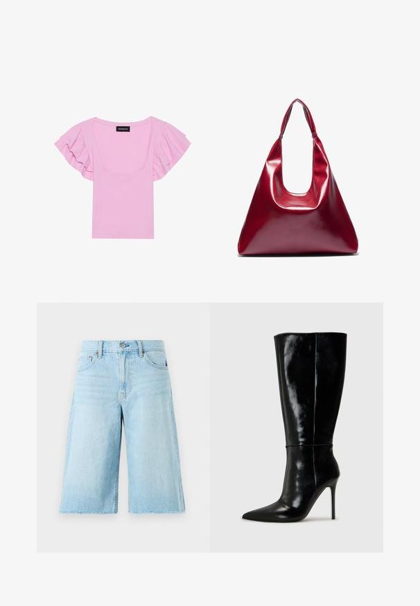 Top scurt roz, cu mâneci bufante și decolteu pătrat larg. Eticheta este vizibilă în centru.; Șorturi din denim de culoare albastru deschis, cu o croială lejeră, margine desfăcută, cinci buzunare și accesorii metalice. Design clasic de blugi cu o ușoară decolorare.; Botine din piele neagră, până la genunchi, cu vârf ascuțit și tocuri înalte de tip stiletto. Textură netedă și design elegant, cu detalii minime.; Geantă din piele roșie lucioasă, cu o formă triangulară, deschidere largă în partea de sus și un singur mâner curbat. Textură netedă cu detalii minime de coasere.; Set de cercei din argint cu diverse modele: cercei rotunzi, cercei tip pandantiv și cercei cu aplicări, cu elemente sferice și ascuțite.