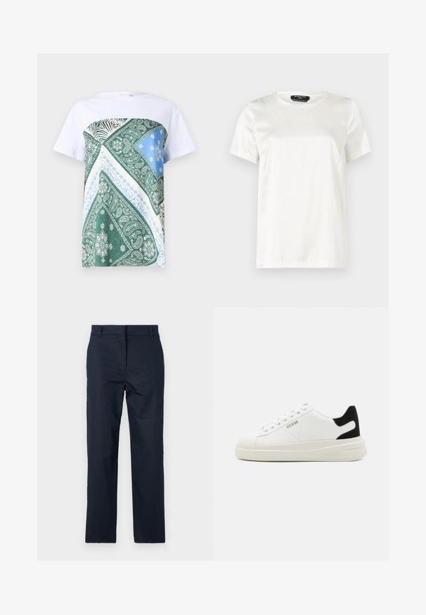 White t-shirt with a green, blue, and cream patterned panel featuring paisley designs and zebra stripes on the upper front section.; White short-sleeve t-shirt in smooth, shiny fabric with a round neckline. Features a subtle sheen and minimalist design.; Navy blue trousers with a straight leg design, made from a smooth fabric, featuring a flat front and belt loops. No visible patterns or accents.; White leather sneakers with a thick white sole, black suede heel accent, and embossed logo on the side. Laced design with six eyelets.