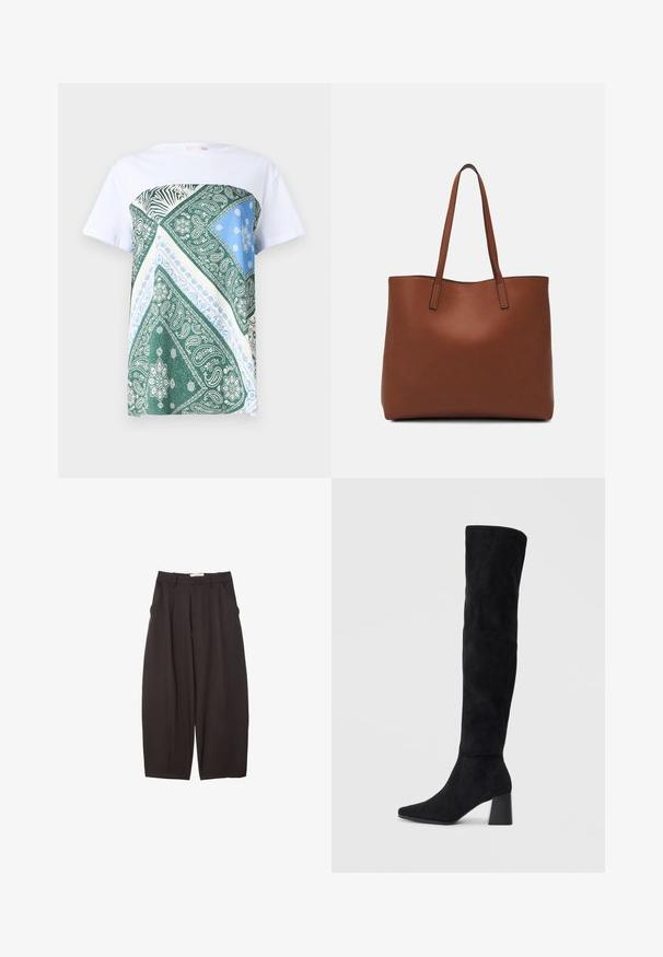 Biała koszulka z zielonym, niebieskim i kremowym panelem w wzory, przedstawiającym projekty paisley i paski zebry na górnej części przodu.; Czarne spodnie o szerokich nogawkach wykonane z gładkiego materiału, z wysokim stanem, plisami z przodu i bocznymi kieszeniami. Prosty fason bez zdobień.; Czarne zamszowe botki do kolan na kwadratowym obcasie, z wydłużonym noskiem i gładkim, bezszwowym wzorem na jednolitym jasnym tle.; Brązowa skórzana torba tote o gładkiej fakturze, z otwartym wierzchem i dwoma ramiączkami. Charakteryzuje się minimalnym przeszyciem i brakiem widocznych elementów metalowych.