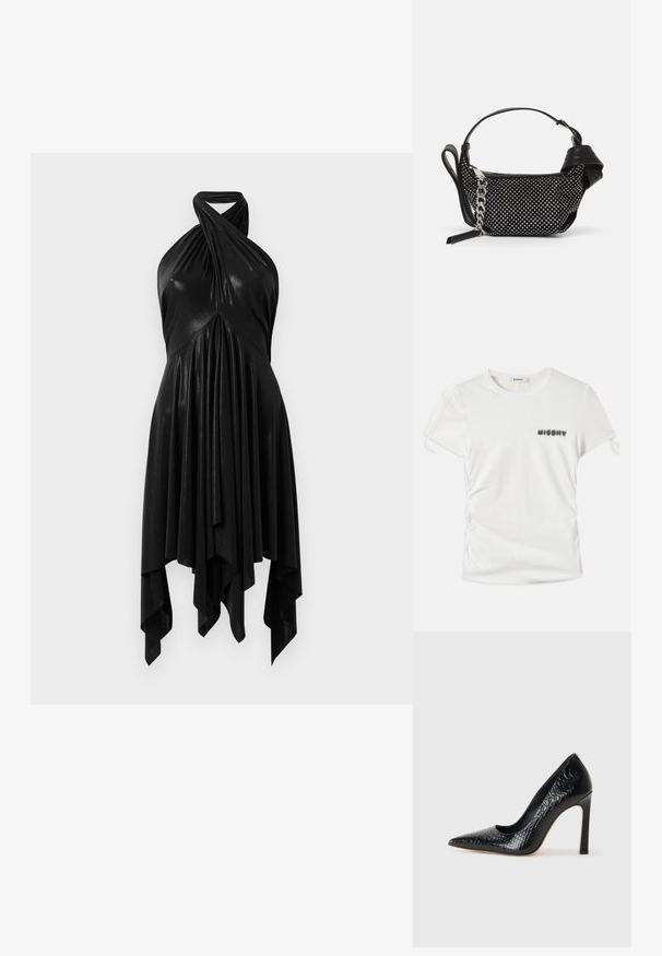 Weißes T-Shirt mit kurzen Ärmeln und seitlichem Rüschendetail, mit in verschwommenen schwarzen Buchstaben auf der linken Brust aufgedrucktem "MISBHV".; Schwarzes Halsbandkleid mit einem drapierten Design. Hergestellt aus glänzendem Material, mit einem verdrehten Ausschnitt und asymmetrischem Saum. Glatte Textur.; Schwarzer, spitz zulaufender High Heel mit Krokodilleder-Struktur, elegantem Design, hohem Stiletto-Absatz und glattem schwarzen Innenraum.; Schwarze Handtasche mit Nietenverzierungen, einer Kettenriemen und einem glatten Ledergriff, in runder Form und mit einem Reißverschlussfach.