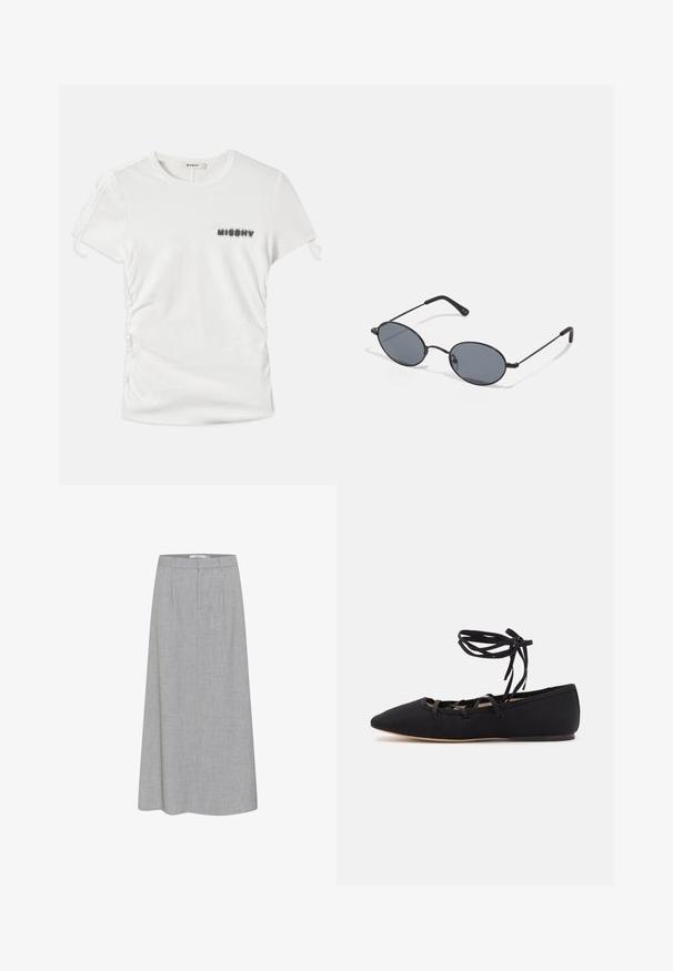 Valkoinen lyhythihainen t-paita, jossa on sivuilla rypytystä ja "MISBHV" tulostettuna sumeilla mustilla kirjaimilla vasemmassa rinnassa.; Harmaa, polvipituinen hame, jossa on sileä pinta ja hienovarainen heather-kuvio. Sisältää litteän etuosan, jossa on poimutuksia, ja muotoillun vyötärönauhan.; Loeffler Randall LOUISA LACE UP BALLET FLAT - Ballerinat nilkkaremmillä - black; Mustat ovaalit aurinkolasit tummilla linsseillä ja ohuilla metallikehyksillä. Ominaisuuksiin kuuluu hoikat varret, joissa on hienovarainen kaarevuus päissä.; Neljä hopeista rengasta eri muotoiluilla: kierretty pöytä, kerrokselliset kaaret, herkät kristallit ja sileä rengas, jossa on pieniä yksityiskohtia.