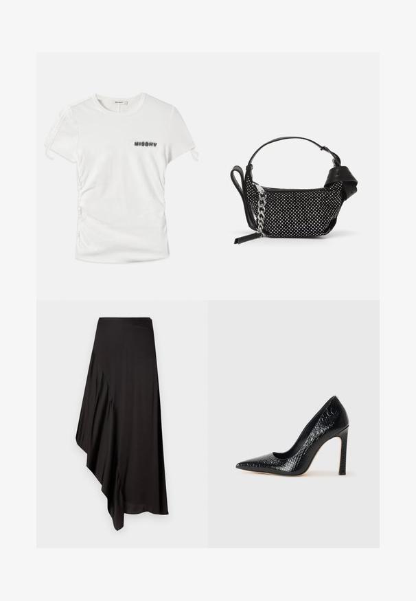 T-shirt bianco a maniche corte con arricciature laterali e la scritta "MISBHV" stampata in lettere nere sfocate sul lato sinistro del petto.; AERON ASTER SKIRT - Gonna a tubino - black; Scarpa nera con punta a punta alta in pelle di coccodrillo, caratterizzata da un design elegante, alto tacco a spillo e interno nero liscio.; Borsa nera con decorazioni a borchie, una tracolla a catena e un manico in pelle liscia, dalla forma rotonda e con scomparto con zip.