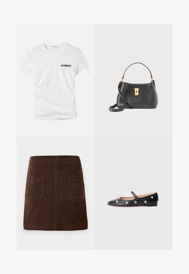 Witte t-shirt met korte mouwen, voorzien van zijruche en "MISBHV" gedrukt in vervaagde zwarte letters op de linkerkant van de borst.; Bruin suède rok met een klassieke A-lijn vorm, twee voorzakken met ronde kleppen en subtiele stikdetails.; Zwarte leren Mary Jane ballerina met een ronde neus, voorzien van zilveren ronde studs en een verstelbaar bandje met een gesp.; Zwarte leren handtas met een gestructureerde afwerking, voorzien van een gouden slotsluiting, een korte handgreep en een afneembare schouderriem.