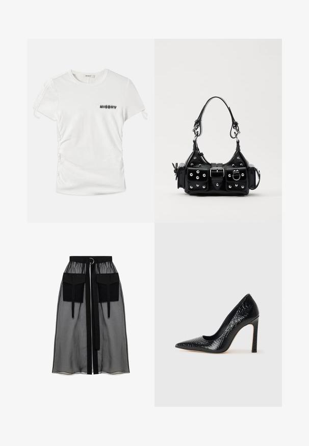 White short-sleeve t-shirt with side ruching and "MISBHV" printed in blurred black letters on the left chest.; Black sheer skirt with a gathered waistband, featuring two large front pockets, a waist tie, and a circular metal accent.; Black pointed-toe high heel shoe with a crocodile-skin texture, featuring a sleek design, high stiletto heel, and smooth black interior.; Black leather handbag with a curved design, featuring silver studs, a buckle, and two side pockets. Adjustable strap for carrying options.