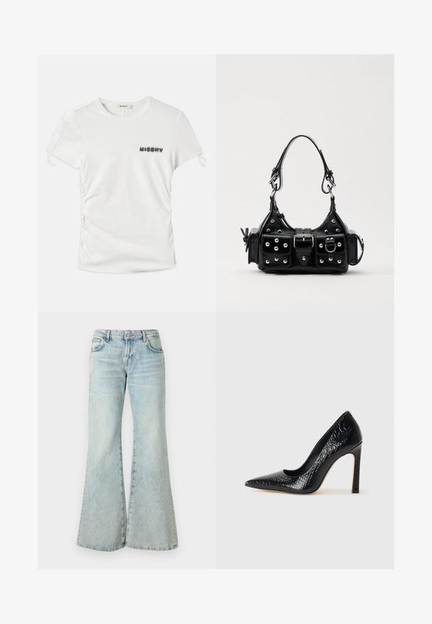 Camiseta blanca de manga corta con fruncido lateral y la palabra "MISBHV" impresa en letras negras difusas en el lado izquierdo del pecho.; Jeans acampanados de un azul claro, hechos de denim, con una cintura alta, bolsillos y dobladillos deshilachados. La tela presenta un lavado desvanecido y una textura sutil.; Zapato de tacón alto negro con punta afilada y textura de piel de cocodrilo, que presenta un diseño elegante, un alto tacón de aguja y un interior negro suave.; Bolso de mano de cuero negro con un diseño curvado, que cuenta con tachuelas plateadas, una hebilla y dos bolsillos laterales. Correa ajustable para opciones de transporte.
