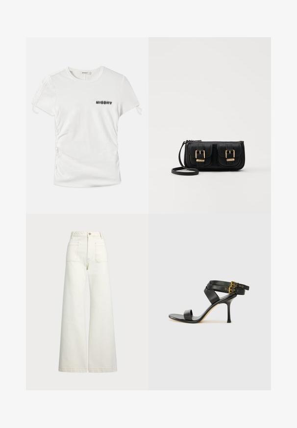 White short-sleeve t-shirt with side ruching and "MISBHV" printed in blurred black letters on the left chest.; Wide-leg jeans in off-white denim. High-waisted design with a button closure, two front pockets, and contrast stitching details.; Black heeled sandal with crossed straps and adjustable buckle. Features a smooth texture and tapered stiletto heel.; Black leather crossbody bag with two front pockets, gold buckles, zipper closure, and a slim strap. Textured surface and compact rectangular shape.