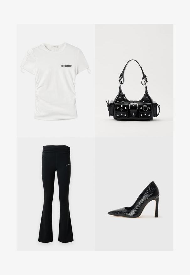 Bijela majica kratkih rukava s nabrusima sa strane i ispisom "MISBHV" u izmaglica crnim slovima na lijevoj strani grudi.; Crne rastezljive joga hlače sa naboranim pojasom i malim bijelim logotipom na gornjem butu, prikazane na čistoj bijeloj pozadini.; Crne visoke potpetice s oštrim prstima, od teksture krokodilske kože, elegantnog dizajna, visoke stiletto potpetice i glatkog crnog unutrašnjosti.; Crna kožna torba s zakrivljenim dizajnom, koja sadrži srebrne zakovice, kopču i dva bočna džepa. Podesiva traka za različite opcije nošenja.