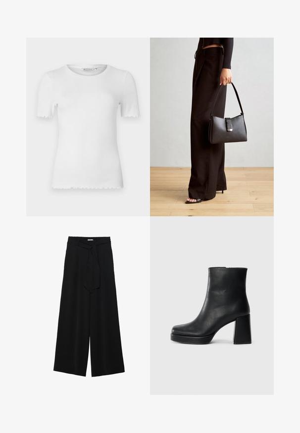 Hvit kortermet t-skjorte i ribbestrikket stoff, med rund hals og bølgekant på ermene og nederst.; Svart vide bukser med teksturert stoff, elastisk midje og avtagbart belte som gir justerbar passform.; Sorte skinnankelsko med blokkhæl og plattformsåle, sett fra siden på en enkel hvit bakgrunn.; Svart håndveske med strukturert form, jevn tekstur og metallisk lås. Kombinert med brede svarte bukser og sandaler med åpen tå på tregulv.