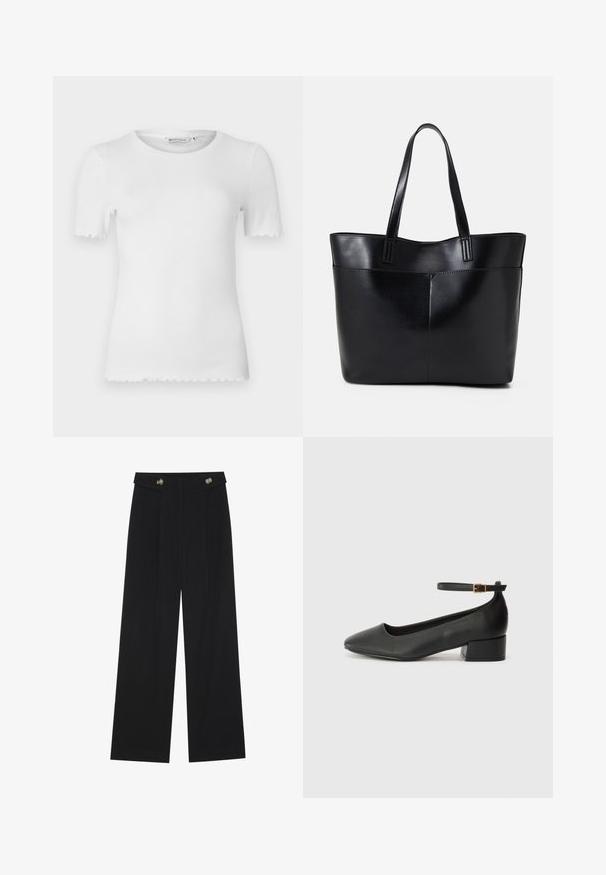 White short-sleeve t-shirt in ribbed fabric, featuring a rounded neckline and scalloped hem on sleeves and bottom edge.; Black wide-leg trousers with high waist, button details on waistband, and front pleats.; Black leather pump with a pointed toe and a low block heel. Features an ankle strap with a gold-tone buckle. Smooth texture.; Black leather tote bag with two long handles, a smooth texture, and a structured shape. Features a front pocket for additional storage.