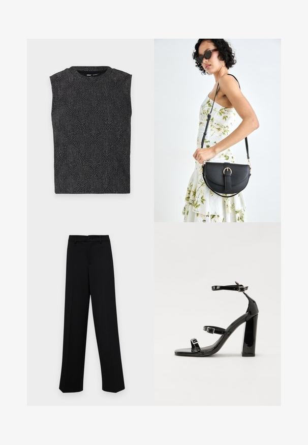 Melna bezpieļu topa ar teksturētu ģeometrisku rakstu, izgatavots no spīdīgas auduma. Ar apaļu dekoltē un pieguļošu siluetu.; Melnas platajās bikses, kas izgatavotas no gludas auduma, ar klasisku jostu un pogu aizdari, kā arī priekšējām kroku detalizācijām.; Melnas lakotas augstpapēžu čības ar kvadrāta purngalu, potīšu siksniņām un sudraba sprādzēm. Aprīkotas ar masīvu bloku papēdi stabilitātei.; Melnas ādas rokassoma ar izliekta formu, noņemamu siksnu un zelta aksesuāriem. Somai ir vāciņš ar sprādzes detaļu.