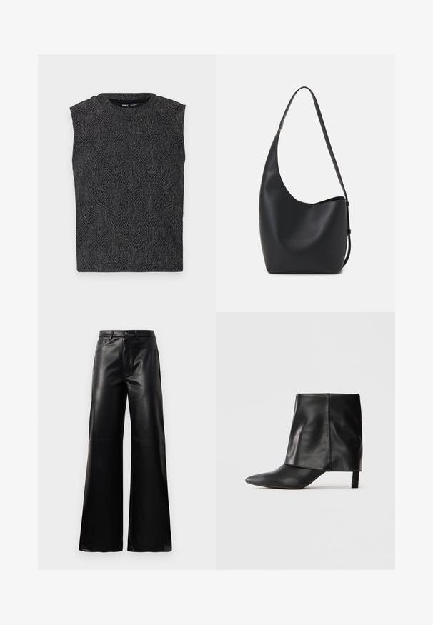 Črna brezrokavna majica z teksturiranim geometrijskim vzorcem, izdelana iz svetlikajočega materiala. Ima okroglo izrez in oprijet kroj.; Črne široke hlače iz umetnega usnja z visokim pasom, sprednjim gumbom, zadrgo, zanke za pas in stranskimi žepi na beli podlagi.; Črne usnjene škornje do meč z ostrem nosom, zloženo zgornje dela in vitkim nizkim peto, ki stojijo na beli podlagi.; Črna usnjena hobo torba z gladko teksturo, ukrivljeno obliko in eno nastavljivo naramnico; ima širok odprtina na vrhu.