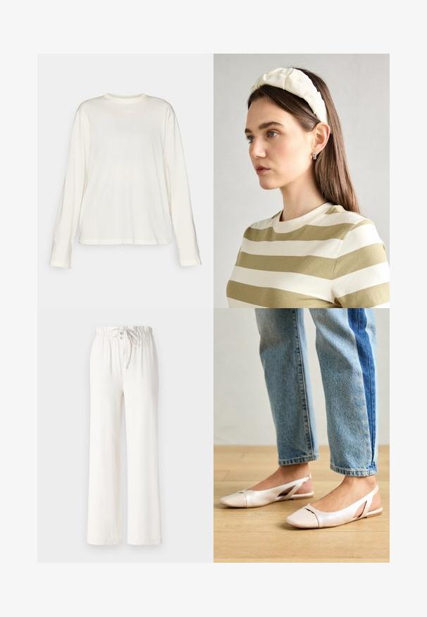 Langärmliges Crewneck-T-Shirt aus hellbeigem Baumwollstoff, mit einem dezenten Logo auf der Brust und einer lockeren Passform mit geradem Saum.; Weiße weite Hosen aus weichem Stoff, mit einem Kordelzugbund und glatter Textur. Keine Muster oder Verzierungen sichtbar.; Blassrosa Slingback-Ballerinas mit spitzem Punkt, aus einem glatten, lederähnlichen Material. Mit Ausschnitten an den Seiten und einem flachen Absatz.; Cremfarbener gepolsterter Haarreif mit gedrehtem Design, kombiniert mit einem beigen und weißen gestreiften Shirt mit rundem Halsausschnitt. Dezente Schmuckakzente.