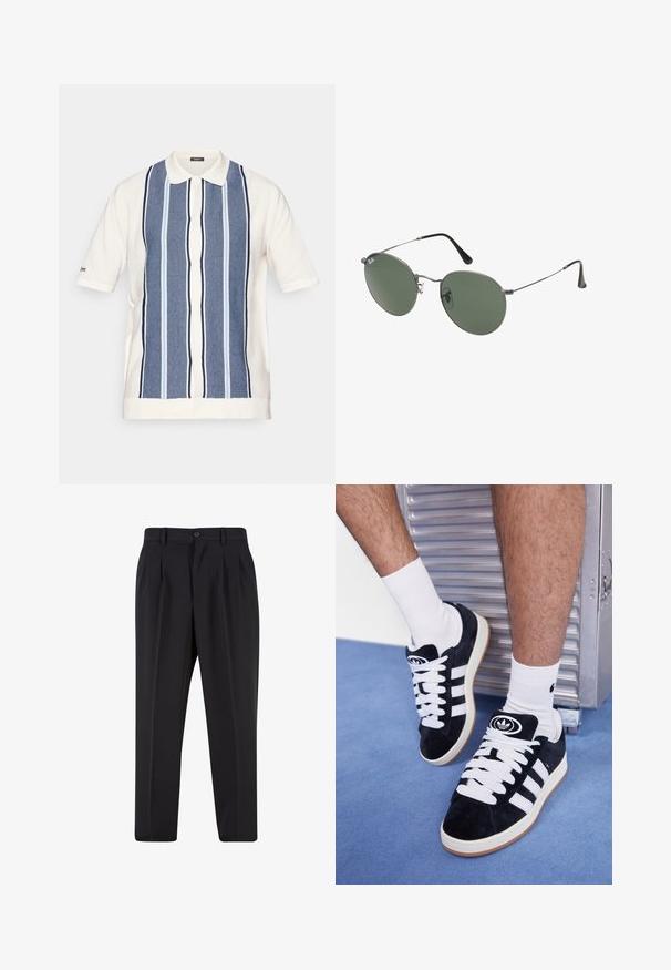 Tejgyöngy színű, kék csíkozású, rövid ujjú polosdiga. Gombos elülső rész és klasszikus gallér jellemzi. Texturált anyagból készült.; Fekete nadrág, pliszézett elejű dizájnnal, sima anyagból készült. Gombos záródás és övhurkok jellemzik; egyenes szabású.; Fekete velúr sportcipők fehér fűzőkkel és három fehér csíkkal. A nyelvén egy kör alakú fekete logó található, valamint egy gumis talp.; Fémkeretes napszemüveg ovális zöld lencsékkel. Vékony ezüst színű fémkeret és fekete fülrész. Minimalista dizájn, látható logók nélkül.