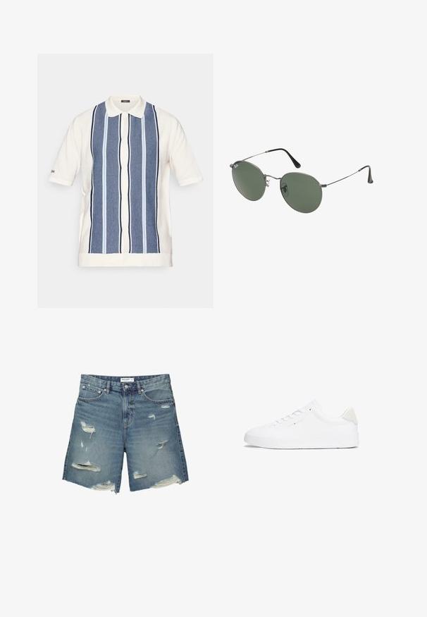 Polo a maniche corte color crema con design a righe blu. Presenta una chiusura con bottoni e un colletto classico. Realizzato in tessuto texturizzato.; Pantaloni corti in denim blu chiaro con toppe strappate. Presentano una vita standard, lunghezza approssimativa fino al ginocchio e orli sfilacciati.; Sneaker bianco con tomaia in pelle liscia, punta rotonda, suola piatta e design minimalista. Presenta un branding sottile e un accento beige sul tallone.; Occhiali da sole con montatura in metallo e lenti verdi ovali. Montatura sottile in metallo argento e terminali neri. Design minimalista, senza loghi visibili.