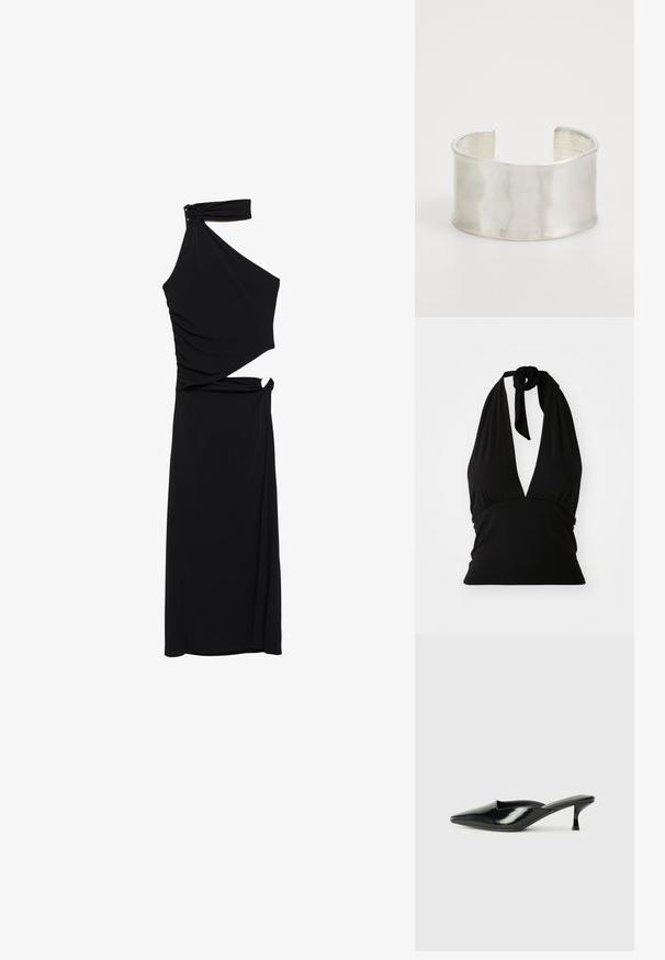 Črn top na halter, ki ima globok V-izrez, nabran trup in zavezano vratno vrvico. Gladka tekstura, lahka tkanina in prilegajoč dizajn.; Črna obleka z enim ramenom, izdelana iz gladkega materiala. Ima drapirano zasnovo in asimetričen kroj v predelu pasu, ki je poudarjen s stranskimi detajli.; Črne patentne usnjene mule z ostrim nosom, nizko peto in ukrivljenimi stranmi, ki se ponašajo z sijočim zaključkom in minimalističnim dizajnom.; Črna usnjena torbica s pregibnim dizajnom, mehko teksturo, zaobljenim vrhom in kovinsko verigo za nošenje. Kompaktna in strukturirana silhueta.; Zign Zapestnica - silver-coloured