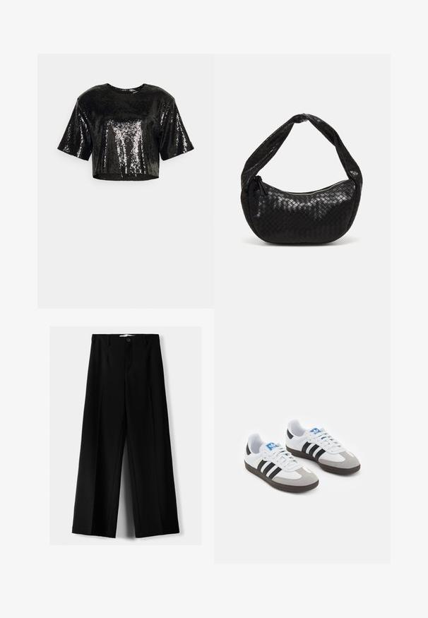 Čierny skrátený top s krátkymi rukávmi, vyrobený z flitrového materiálu, s hladkým povrchom a okrúhlym výstrihom.; Čierne široké nohavice z ľahkého materiálu, s predným zapínaním na gombík a plochým predným dielom, s pekne ušitými lemami.; Športové topánky s bielym koženým zvrškom, šedou semišovou špičkou a tromi čiernymi pruhmi. Obsahujú modré logo na jazyku a štruktúrovanú gumovú podrážku.; Čierna tkaná kožená kabelka s zakriveným tvarom, s hrubým uchom a zipsovým uzatvorením. Textúrovaný povrch s lesklým povrchom.