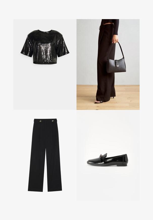 Top preto cropped com mangas curtas, feito de tecido de lantejoulas, apresentando uma textura suave e um decote redondo.; Calças largas pretas com cintura alta, detalhes em botão na cintura e pregas frontais.; Mocassim em cabedal preto brilhante com sola plana, bico arredondado e uma faixa decorativa com um detalhe em tom dourado. Acabamento liso e cintilante.; Bolsa preta com forma estruturada, textura suave e um fecho metálico. Combinada com calças largas pretas e sandálias de salto aberto sobre um chão de madeira.