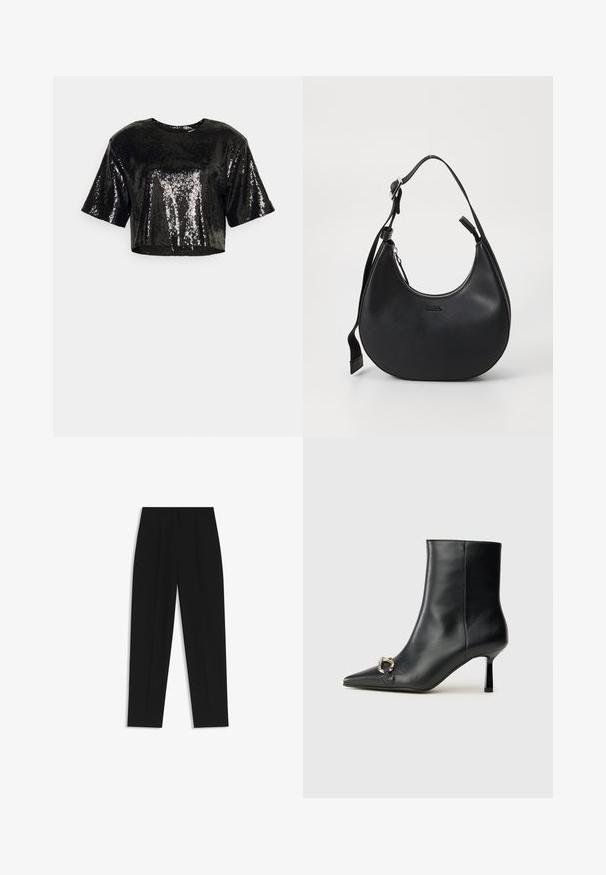 Svart kort croptop med korta ärmar, tillverkad av paljettyg, med en mjuk textur och rund halsringning.; Svarta byxor med rak passform, med dubbla fickor, en slät yta och en klassisk midje-design. Ingen synlig hårdvara eller detaljer.; Svart läderankelboot med spetsig tå, smal medelhög klack och silverfärgad spänndetalj på sidan mot en enfärgad bakgrund.; Svart läderaxelväska med en rundad form, dragkedjestängning och justerbar rem. Har ett präglat varumärkeslogo på framsidan.