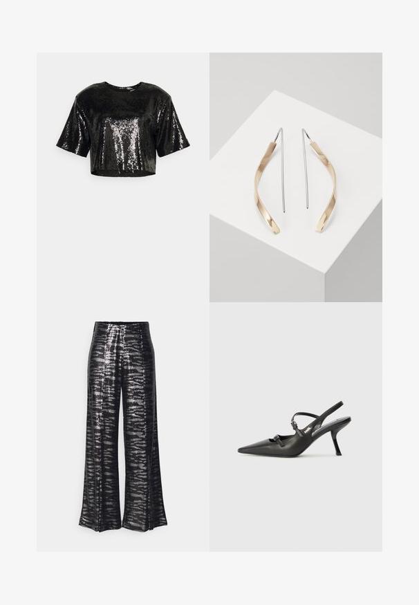 Top negro corto con mangas cortas, hecho de tela de lentejuelas, con una textura suave y un escote redondo.; Pantalones de pierna ancha negros con una textura brillante de lentejuelas y un patrón ondulado. Diseño de cintura alta, silueta fluida y acabado suave.; Tacones slingback de cuero negro con punta afilada, tacón delgado y detalle decorativo de hebilla en la parte superior. Textura suave y diseño elegante.; Pendientes colgantes de oro y plata con una forma alargada y curvada. Acabado brillante con una textura suave y diseño minimalista.