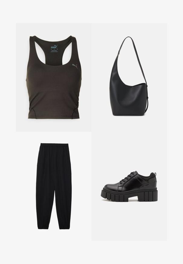 Juodas sportinis trumpas topas su apvaliu iškirptu kraštu ir lenkto nugaros dizainu. Turintis susiraukšlėjimo detales ties apatine kraštine ir mažą logotipą.; Juodi, lengvi kelnių su elastinga juosmens juosta ir surinktais kulkšniais. Audinys yra lygus ir turi atsipalaidavusį, siaurėjantį dizainą.; Juodi odiniai platformos batai su masyviu blokuota kulniuku, apvalia nosimi ir tradiciniu šnypštimo dizainu. Turintys glotnų paviršių ir minimalų dekoravimą.; Juodas odinis hobo maišas su lygiu paviršiumi, kreipta forma ir viena reguliuojama rankena; turi platų atidarymą viršuje.