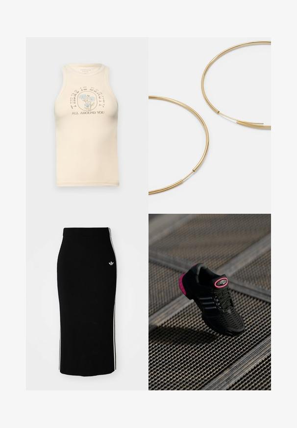 Beige fitted tank top with a high neckline and sleeveless design. Features a printed floral graphic and text: "THERE IS BEAUTY ALL AROUND YOU."; Black ribbed midi skirt with a fitted design, featuring white side stripes and a small white emblem on the left side.; Black athletic shoe with mesh upper, pink accents, and black striped details. Features a textured outsole and a logo label on the heel.; Gold-colored hoop earrings, thin and round in shape, with a smooth metallic finish and no embellishments or patterns.