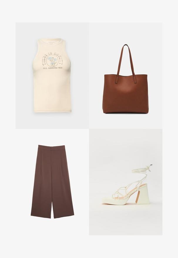 Bežasti uski top bez rukava s visokim ovratnikom. Sadrži otisnutu cvjetnu grafiku i tekst: "PRIJETELJI LJEPOTU SVUDA OKO VAS."; Smeđe hlače širokog kroja s glatkom teksturom, koje imaju visok struk i nabore sprijeda. Tkanina je lagana i slobodno se kreće.; Bijela sandala na visokoj potpetici s debelim petom, s remenom i vezanjem oko gležnja. Glatka tekstura s platformom sprijeda za dodatnu visinu.; Smeđa kožna torba preko ramena s glatkom teksturom, otvorenim vrhom i dvjema naramenicama. Ima minimalne šavove i nema vidljivog hardvera.
