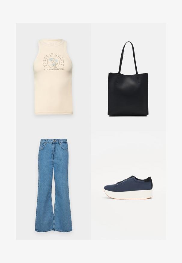 Beige aansluitend tanktop met een hoge halslijn en mouwloos ontwerp. Bevat een geprinte bloemenafbeelding en tekst: "ER IS MOOIHEID OM JE HEEN."; Lichtblauwe flared jeans van denim, met een hoge taille, vijf zakken en een enkele knoopsluiting. Zachte textuur met een vervaagde afwerking.; Marineblauwe sneaker met een textuurstof bovenwerk, witte platformzool, ronde neus en zwart hakaccent. Voorzien van zes gaatjes voor veters.; Zwarte leren handtas met een gladde textuur, rechthoekige vorm en twee lange handvaten. Geen zichtbare hardware of versieringen.