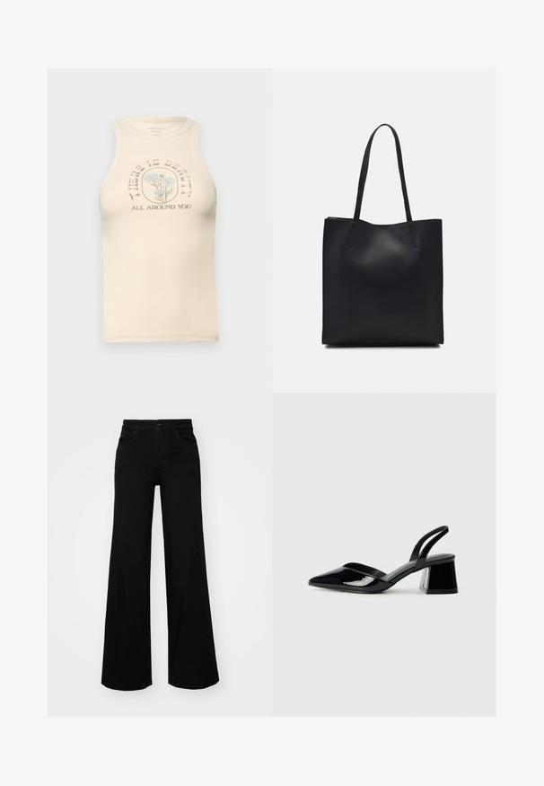 Top de tip tank fitat, bej, cu guler înalt și fără mâneci. Prezintă un grafic floral imprimat și textul: "EXISTĂ FRUMUSEȚE ÎN JURUL TĂU."; Pantaloni negri cu picioare largi, din denim, cu un brau structurat, bucle pentru curea și buzunare frontale. Textură netedă, cu un design clasic.; Pantofi cu toc slingback din piele lacuită neagră, cu vârf ascuțit și toc geometric. Prezintă un design elegant, minimalist și o textură netedă.; Geantă tote neagră din piele, cu textură netedă, formă rectangulară și două mânere lungi. Fără hardware vizibil sau ornamente.