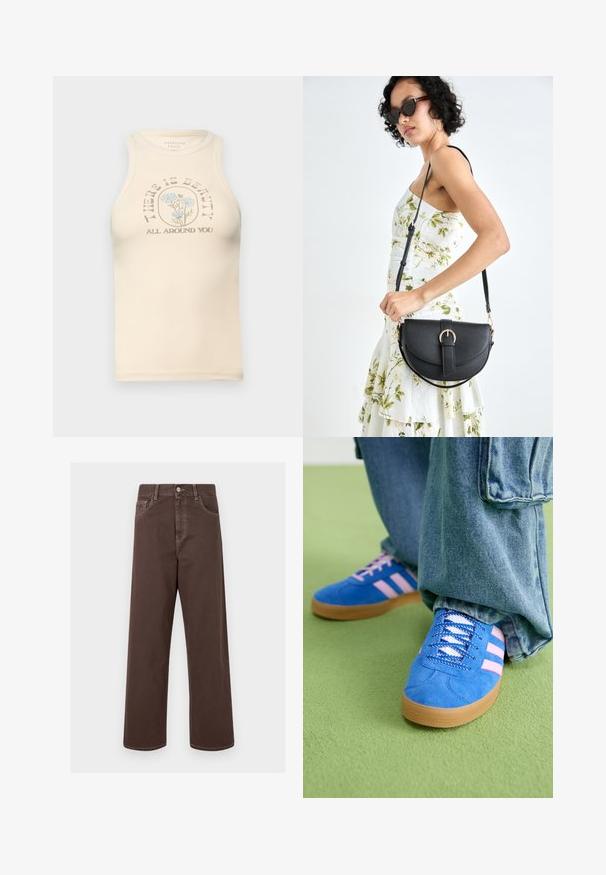 Top de tip tank fitat, bej, cu guler înalt și fără mâneci. Prezintă un grafic floral imprimat și textul: "EXISTĂ FRUMUSEȚE ÎN JURUL TĂU."; Pantaloni din denim maro, cu croială largă, cusături contrastante, cinci buzunare și închidere cu un buton metalic. Textură netedă, croială dreaptă.; Pantofi din piele întoarsă albaștri cu dungi roz și șireturi albe, având o talpă din cauciuc gumat, asortați cu pantaloni din denim largi pe o suprafață verde.; Geantă din piele neagră, cu o formă curbată, curea detașabilă și accesorii aurii. Geanta are un capac cu un detaliu tip cataramă.
