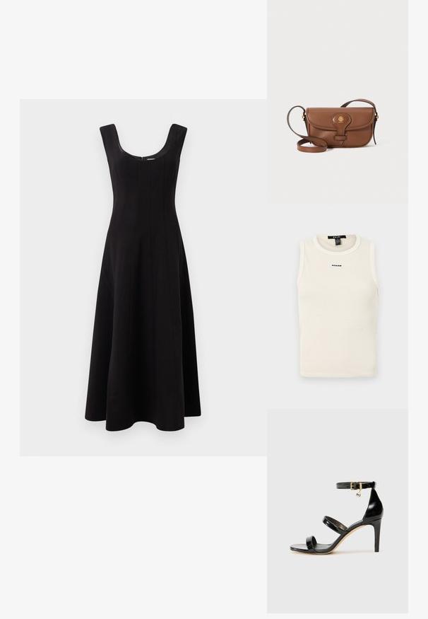 Šviesiai bežės juostuotas rankovių viršus su apvaliu iškirpimu. Priekyje yra mažas mėlynas logotipas.; Juoda suknelė su iškirpte, be rankovių ir platėjančiu A formos siluetu. Suknelė turi vertikalias siūles, suteikiančias struktūrą.; Juodas patentuotas odinis sandalai su trimis diržais, kulkšnies sagtimi ir 4 colių stiletto kulnu. Yra aukso detalės ir logotipo žavesys.; Ruda odinė per petį nešančia maišelis su kreivą užsegimu, auksine apdaila ir dekoratyvine emblema. Dirželis yra reguliuojamas ir turi lygų paviršių.