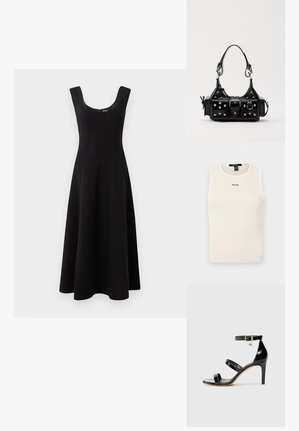 Světle béžová žebrovaná tílko s kulatým výstřihem a bezrukávovým designem. Na přední straně se nachází malé modré logo.; Černé šaty s kulatým výstřihem, bez rukávů a rozšířenou siluetou ve tvaru A. Obsahují vertikální švy pro strukturu.; Černé lakované kožené sandály se třemi pásky, sponou na kotníku a 10 cm jehlovým podpatkem. Obsahují zlaté kovové detaily a logo přívěsek.; Černá kožená kabelka s křivkovým designem, zdobená stříbrnými hřebíky, s přezkou a dvěma bočními kapsami. Nastavitelný popruh pro různé možnosti nošení.