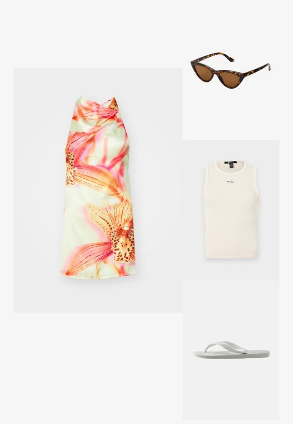 Hele beež ribadega tank top, millel on ümmargune kaelus ja ilma varrukateta disain. Ees on väike sinine logo.; Lille roheline taustaga lilleline rinnahoidjaga kleit, millel on erksad roosa ja oranži värvi lilled, sile tekstuur ja elegantne langevus.; Valged plätud, millel on tekstuuriga põhi ja kaks õhukest rihma. Rihmad on siledad ja sisaldavad kerget brändingut. Ei ole mustreid ega lisadetaile.; Kassi vormiga prillid musta ja oranži kilpkonnakujulise raami, pruunide läätsede ja elegantsete teravate otstega. Templi juures on minimaalne logo.