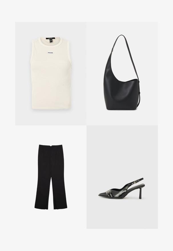 Svetlo béžový rebrovaný tielko s okrúhlym výstrihom a bezrukávovým dizajnom. Na prednej strane sa nachádza malé modré logo.; Čierne nohavice so strihom rovného strihu, s prednými vreckami a bočnými rozparkami na leme. Vyrobené z mäkkej, hladkej tkaniny. Vhodné na rôzne príležitosti.; Čierne lakované kožené slingback topánky s špicatou špičkou, remienkami okolo členku s striebornými prackami a hardvérom, a štíhlým podpätkom.; Čierna kožená hobo taška so hladkou textúrou, zakriveným tvarom a jedným nastaviteľným popruhom; má široké otvorenie na vrchu.