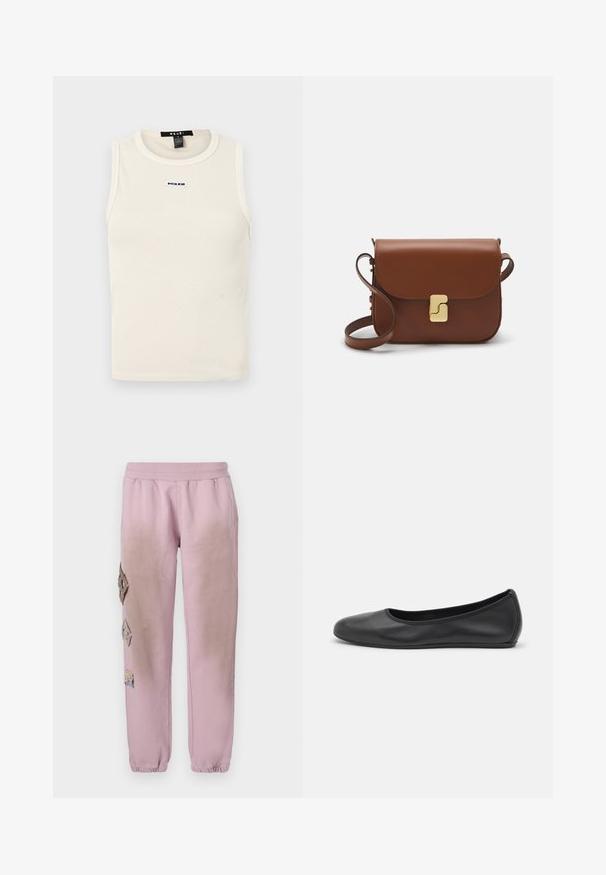 Vaaleanbeige ribattu toppi, jossa on pyöreä kaula-aukko ja olkaimeton design. Edessä pieni sininen logo.; Vaaleanpunaiset hikoiluhousut, joissa on joustava vyötärö, ja vasemmalla puolella koristeellisia timantinmuotoisia alueita, sekä joustavat hihnat nilkoissa.; Musta nahkainen ballerina, jossa on pyöristetty kärki, sileä pinta, minimaalinen ommelkoristelu ja joustava pohjamuotoilu.; Ruskea nahkainen käsilaukku, jossa on läppäkiinnitys, kultasävyiset yksityiskohdat, olkahihna ja sileä pinta. Kompaktin suorakaiteen muotoinen.