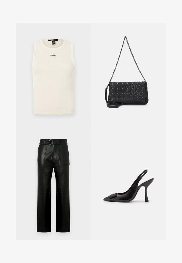 Helles, beigefarbenes Ripp-Tanktop mit rundem Ausschnitt und ärmellosem Design. Mit einem kleinen blauen Logo auf der Vorderseite.; Hochtaillierte schwarze Lederhose mit weitem Bein, großen aufgesetzten Taschen vorne und einem passenden Gürtel mit Doppelringverschluss.; Schwarzer Leder-Slingback-Schuh mit spitzem Zehenbereich, schlankem High Heel und dekorativem Schleifenakzent. Glatte Textur und elegantes Design.; Schwarze, gesteppte Lederhandtasche mit einer Kettenriemen, die mit Totenkopf-Akzenten und einem Reißverschluss versehen ist. Strukturiert Oberfläche mit einem glänzenden Finish.